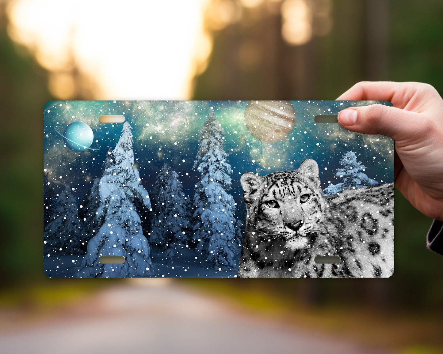 Vanity Front License Plate, Snow Leopard Galaxy Aluminum License Plate Car Accessory Decorative Front Plate