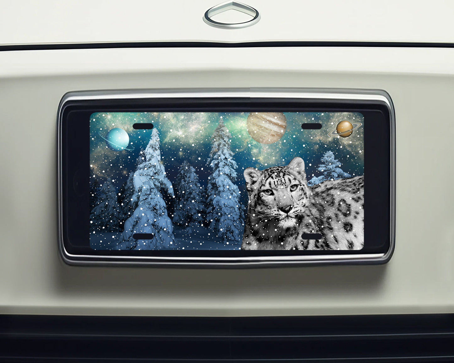 Vanity Front License Plate, Snow Leopard Galaxy Aluminum License Plate Car Accessory Decorative Front Plate