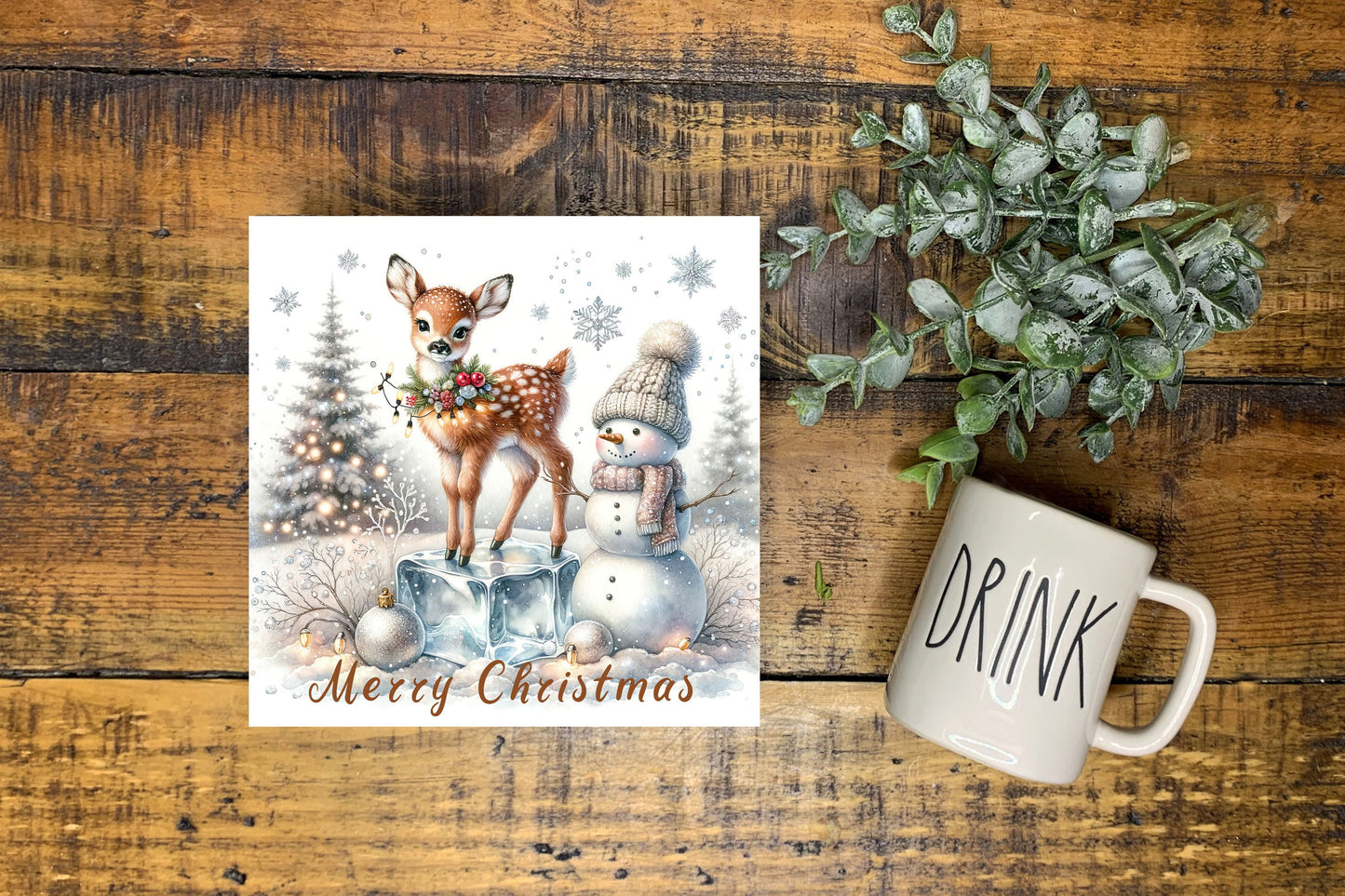 Christmas Ornament, Fawn and Snowman Merry Christmas, Tier Tray Decor, Wreath Sign, Mini Sign, Door Hanger