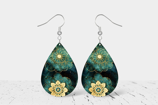 Green Gold Mandala Print Earrings Print Tear Drop Wood Dangle Earrings Hypoallergenic Jewelry