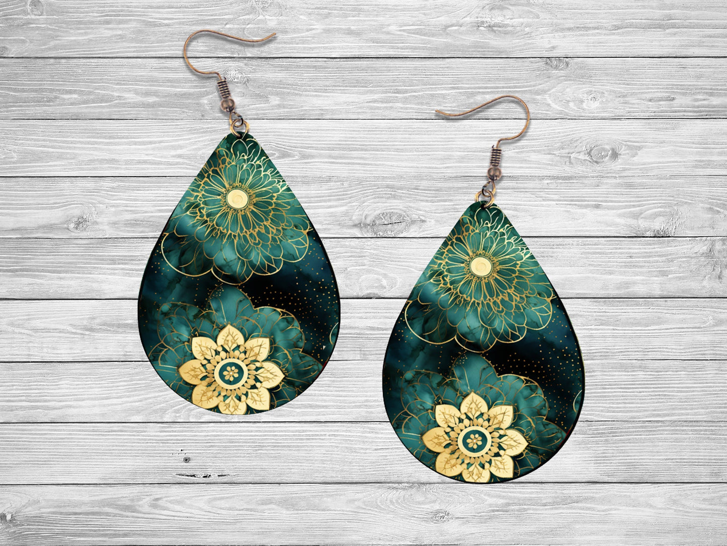 Green Gold Mandala Print Earrings Print Tear Drop Wood Dangle Earrings Hypoallergenic Jewelry