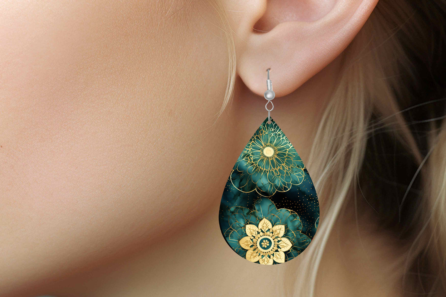 Green Gold Mandala Print Earrings Print Tear Drop Wood Dangle Earrings Hypoallergenic Jewelry