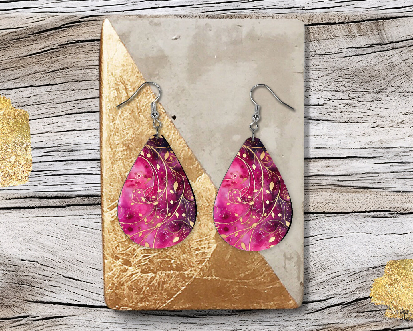 New Release Magenta and Gold Swirl Print Earrings Print Tear Drop Wood Dangle Earrings Hypoallergenic Jewelry