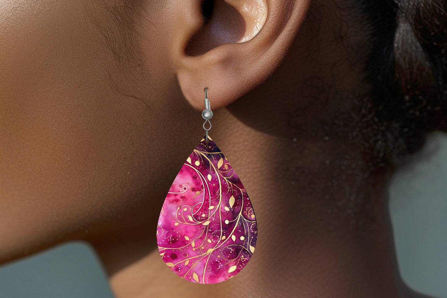 New Release Magenta and Gold Swirl Print Earrings Print Tear Drop Wood Dangle Earrings Hypoallergenic Jewelry