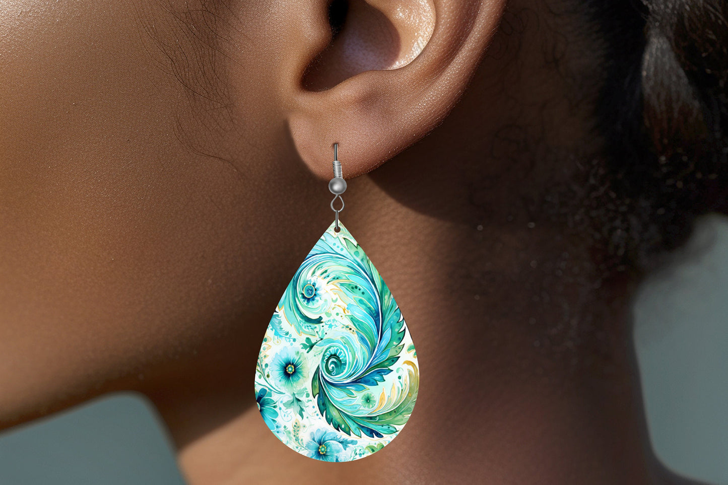 Ocean Waves Paisley Print Earrings Print Tear Drop Wood Dangle Earrings Hypoallergenic Jewelry