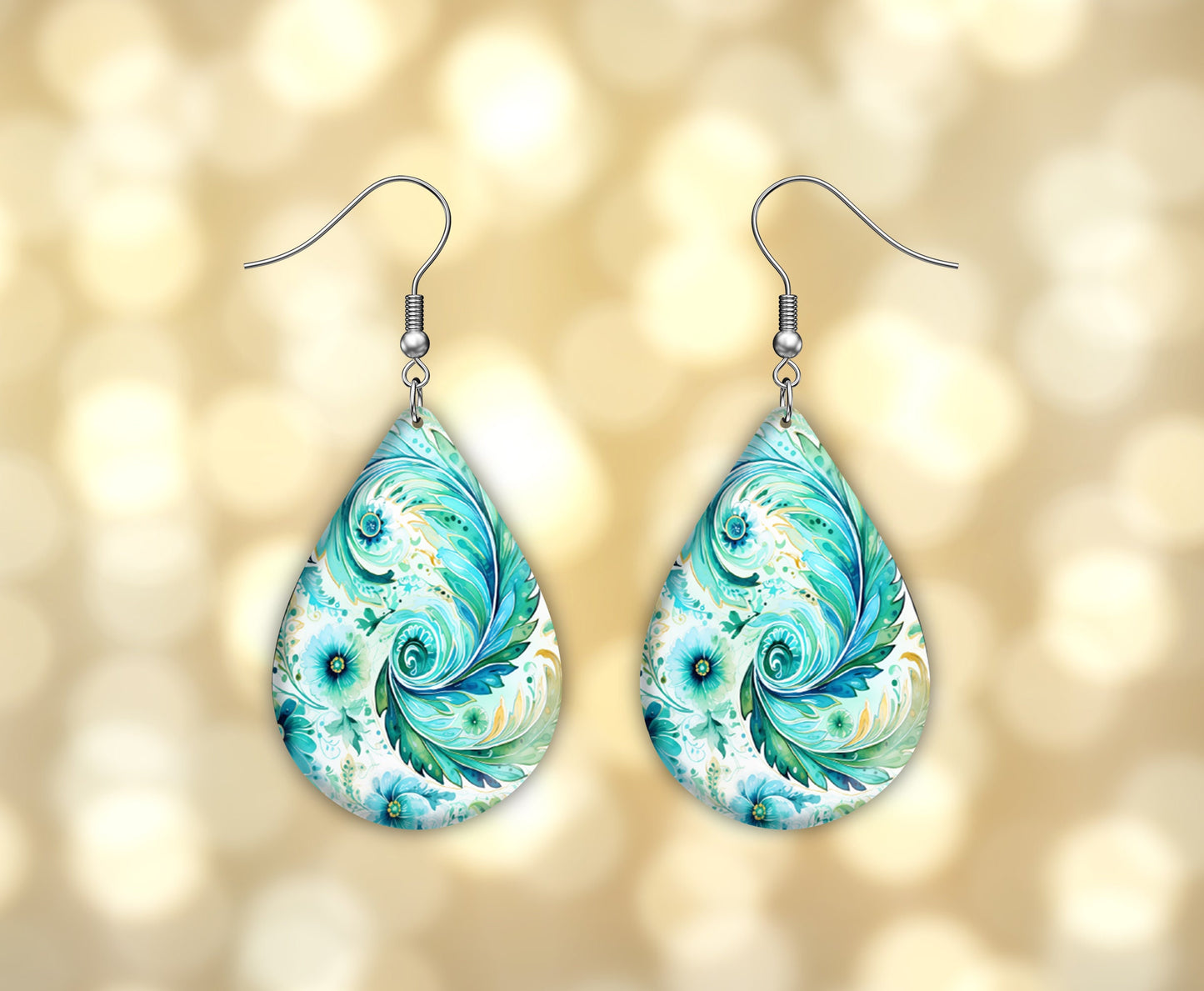 Ocean Waves Paisley Print Earrings Print Tear Drop Wood Dangle Earrings Hypoallergenic Jewelry