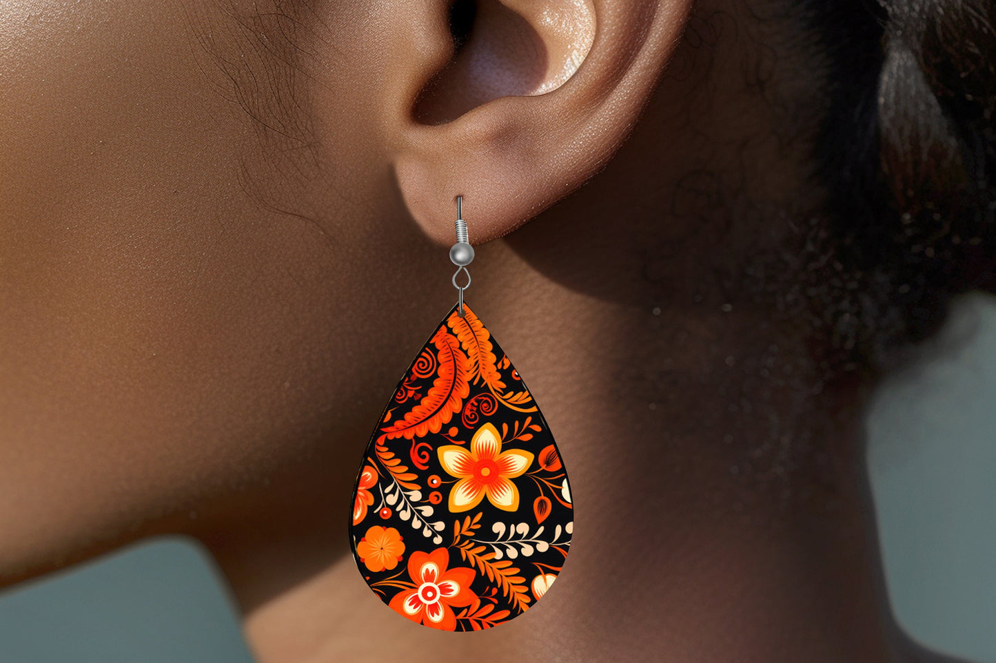 Orange and Black Eastern Folkart Print Earrings Print Tear Drop Wood Dangle Earrings Hypoallergenic Jewelry