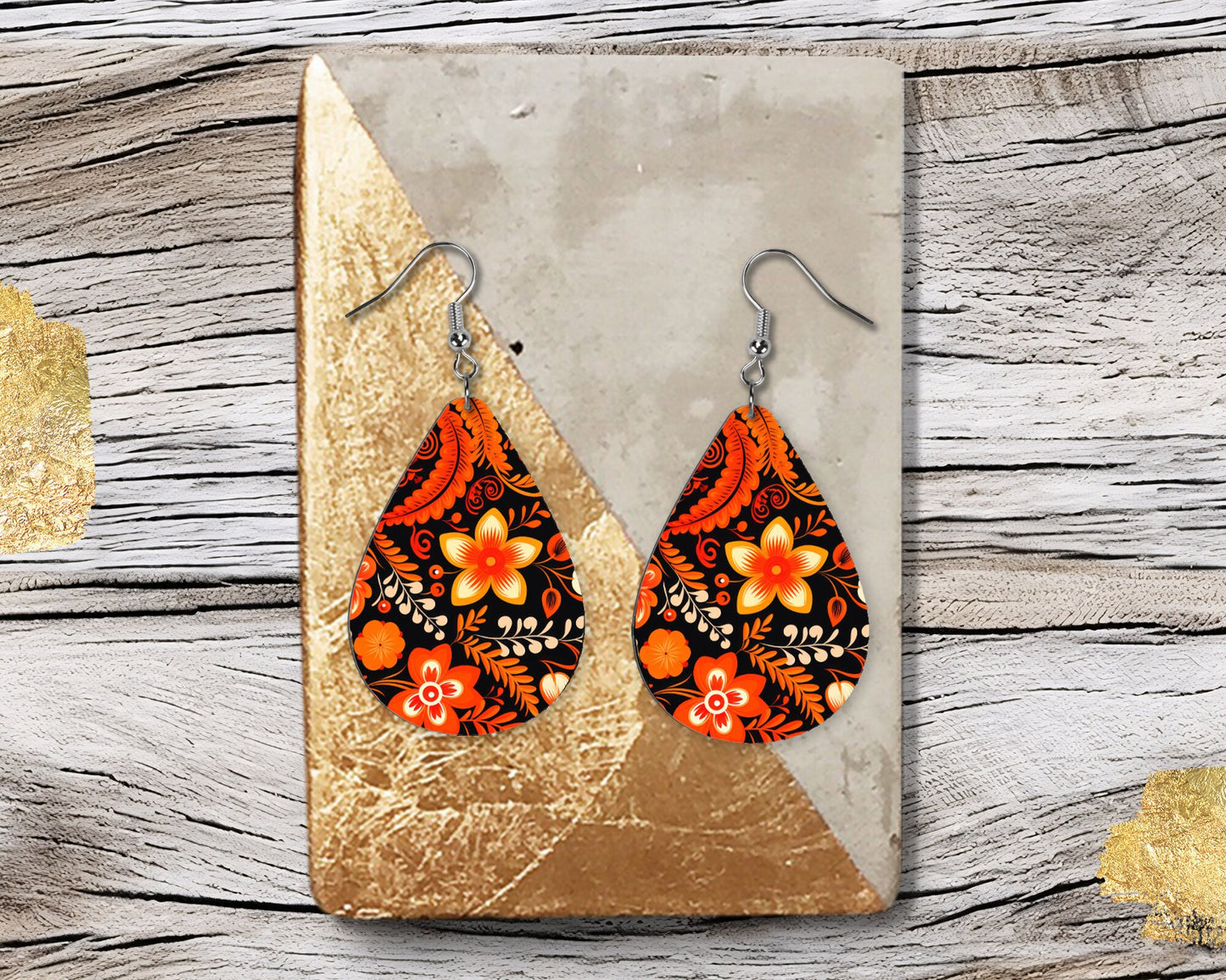 Orange and Black Eastern Folkart Print Earrings Print Tear Drop Wood Dangle Earrings Hypoallergenic Jewelry