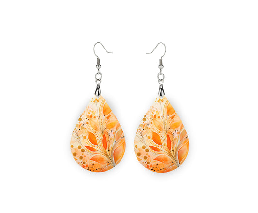 Orange Foliage Print Earrings Print Tear Drop Wood Dangle Earrings Hypoallergenic Jewelry