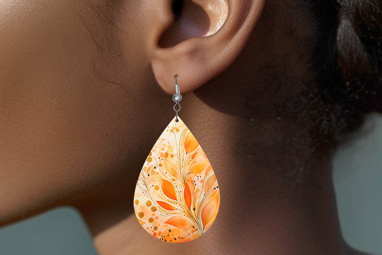 Orange Foliage Print Earrings Print Tear Drop Wood Dangle Earrings Hypoallergenic Jewelry