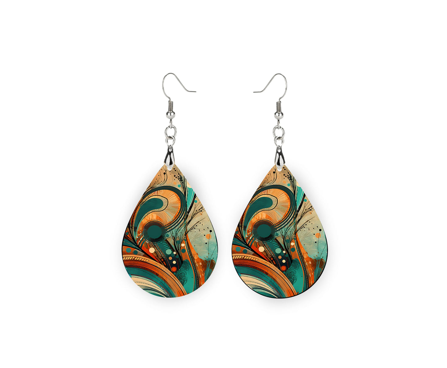 Orange and Turquoise Abstract Print Earrings, Teardrop Dangle Printed Earrings Jewelry Handmade