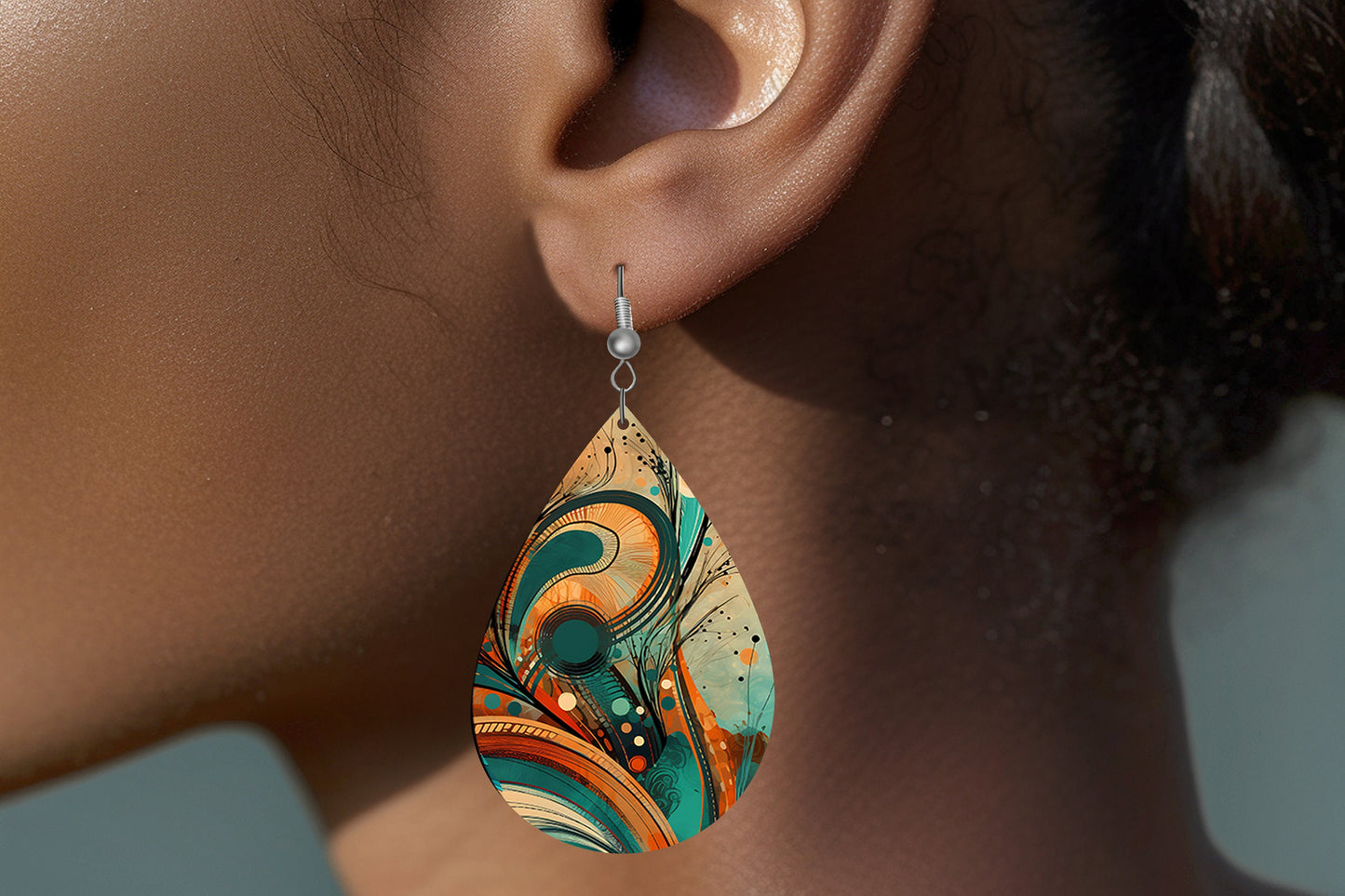 Orange and Turquoise Abstract Print Earrings, Teardrop Dangle Printed Earrings Jewelry Handmade