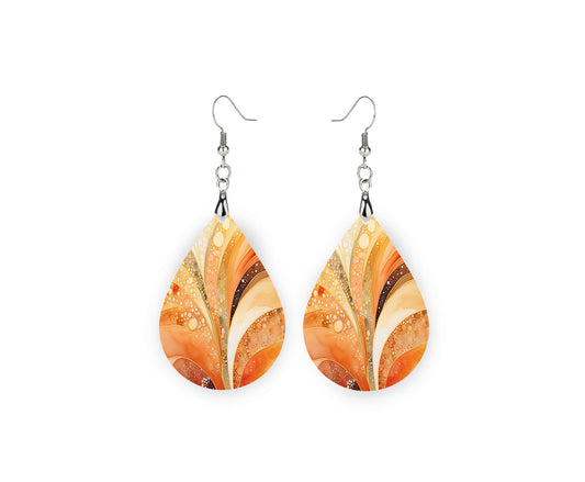 Orange Fan Print Earrings, Teardrop Dangle Printed Earrings Jewelry Handmade