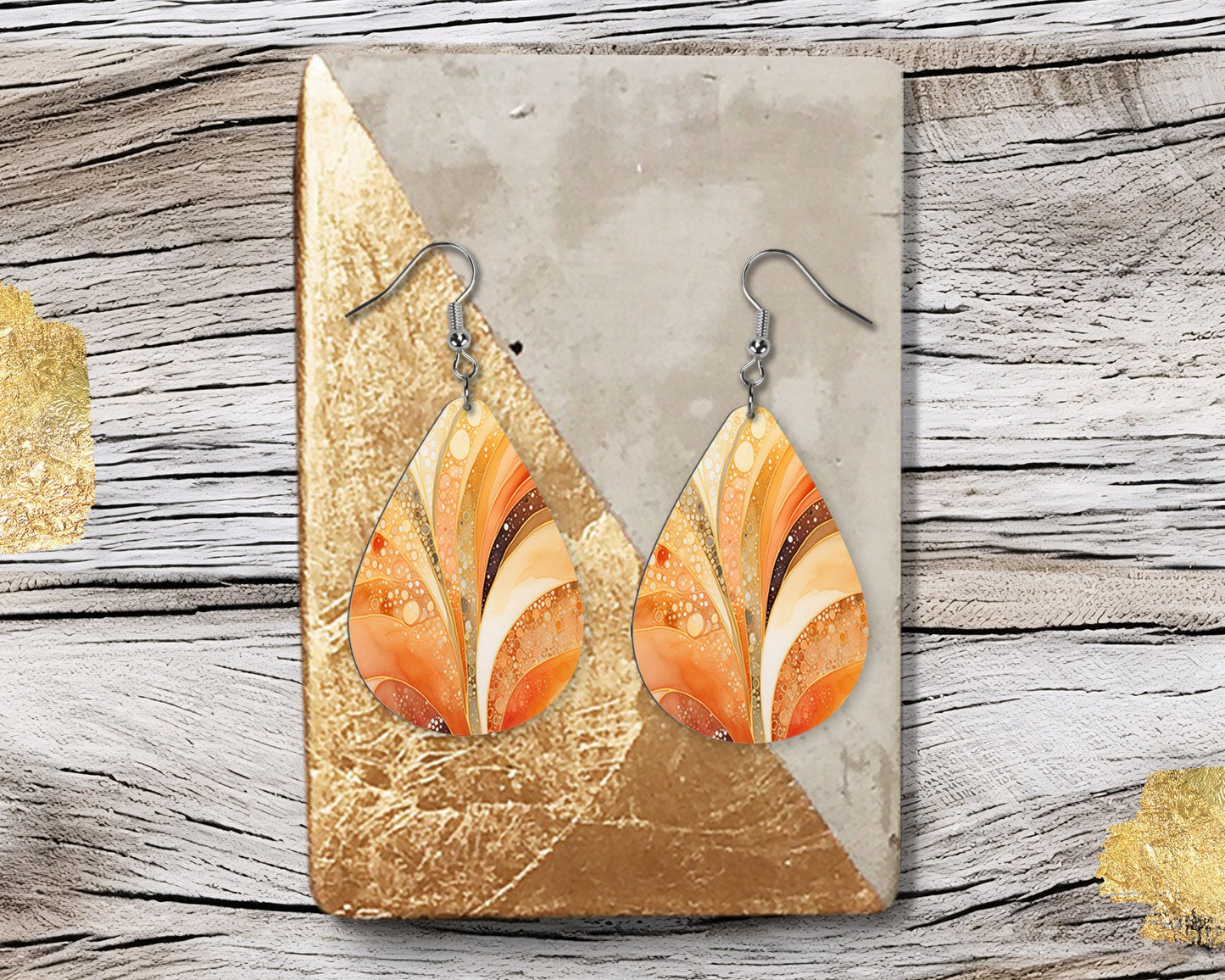 Orange Fan Print Earrings, Teardrop Dangle Printed Earrings Jewelry Handmade