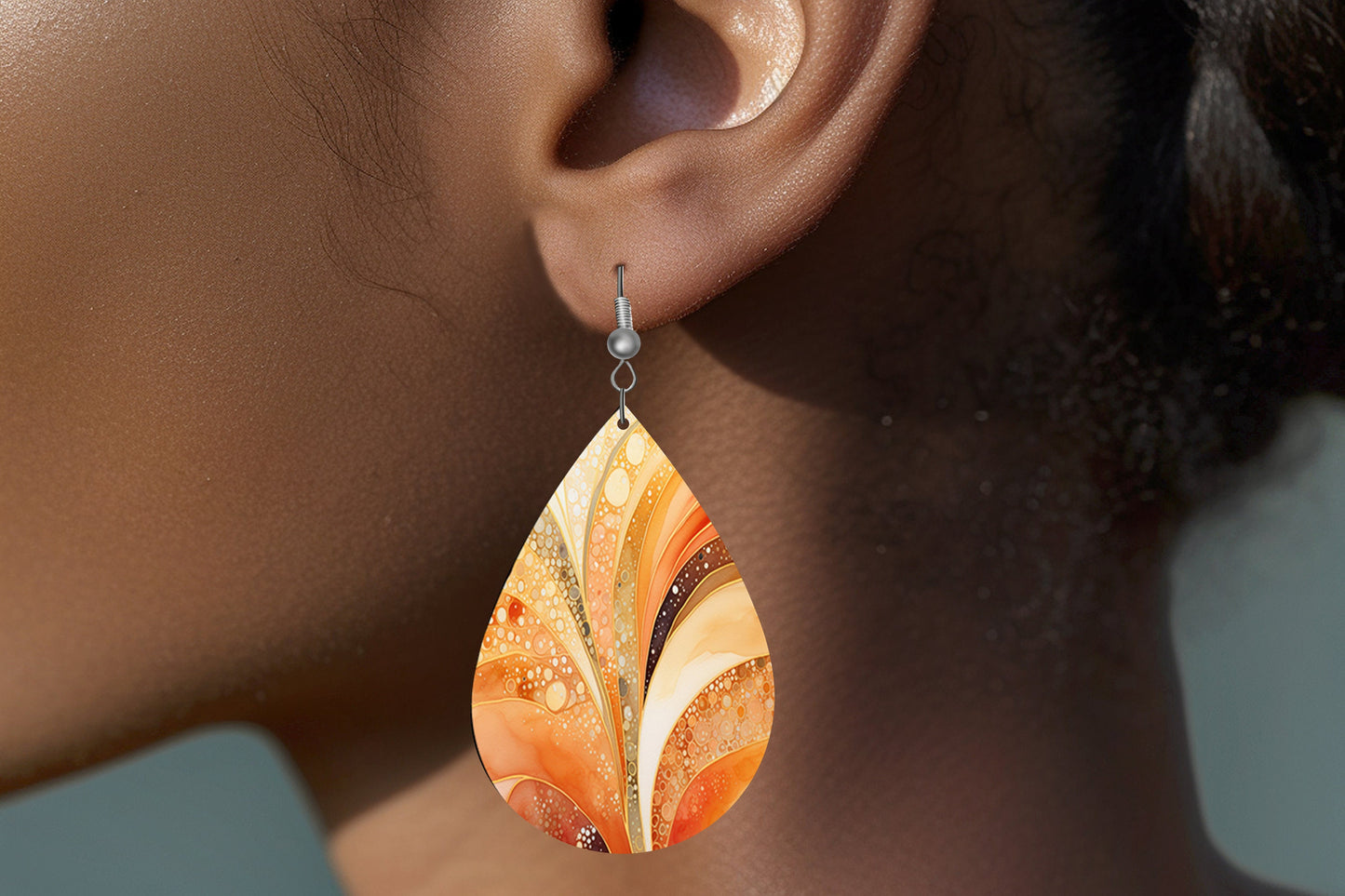 Orange Fan Print Earrings, Teardrop Dangle Printed Earrings Jewelry Handmade