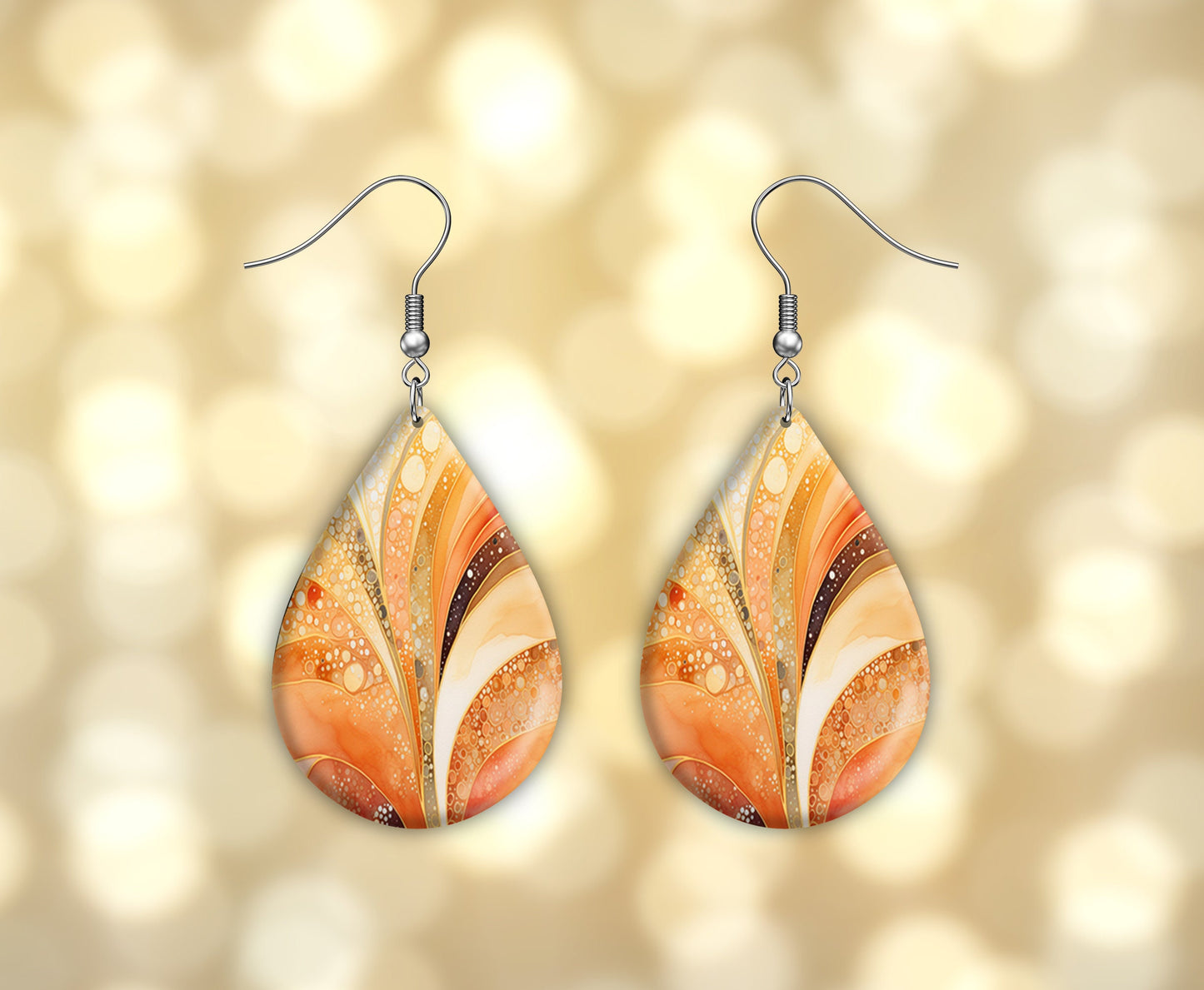 Orange Fan Print Earrings, Teardrop Dangle Printed Earrings Jewelry Handmade