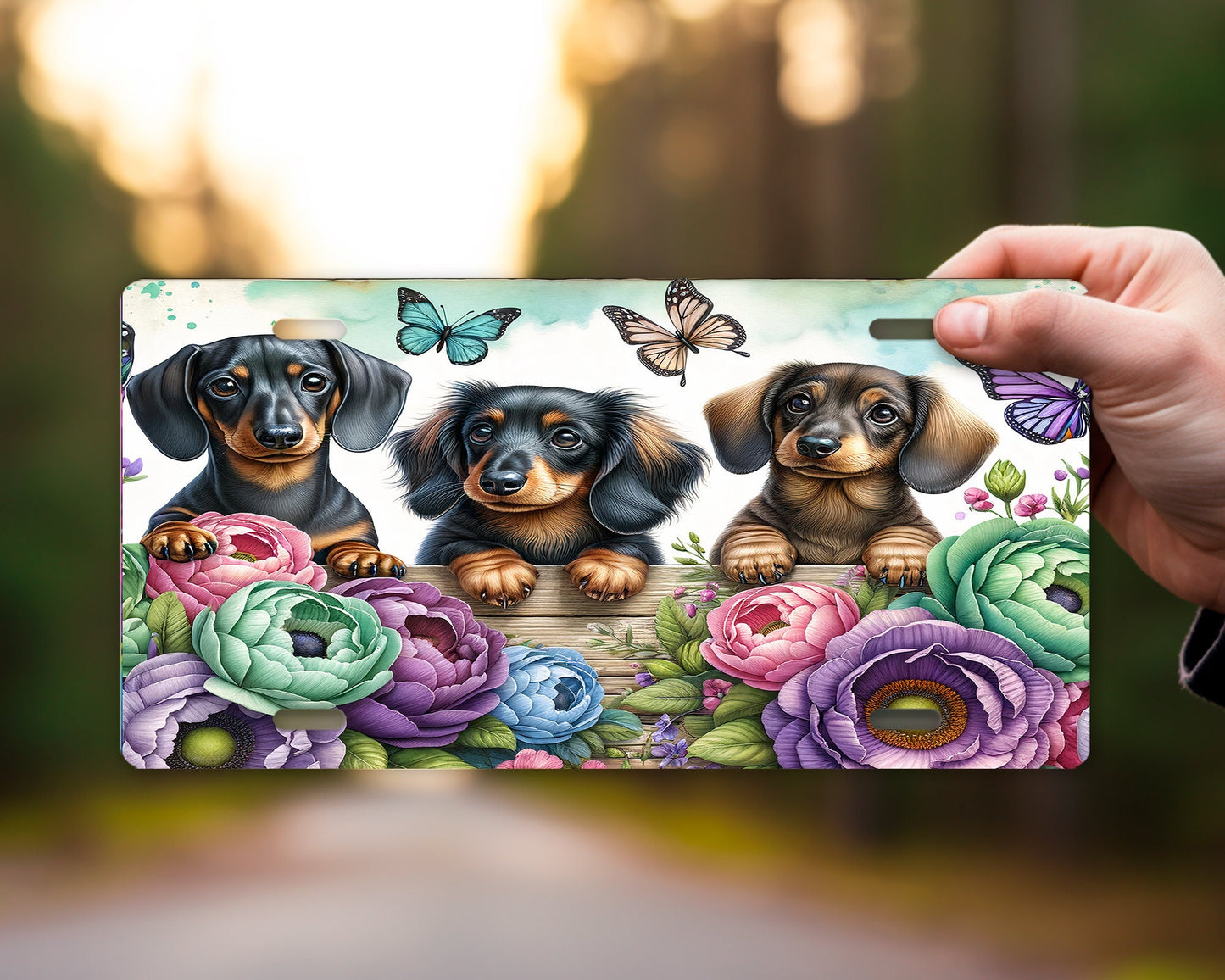 Wiener Dogs with Flowers Vanity Decorative Front License Plate Cute Car License Plate Aluminum Metal Plate