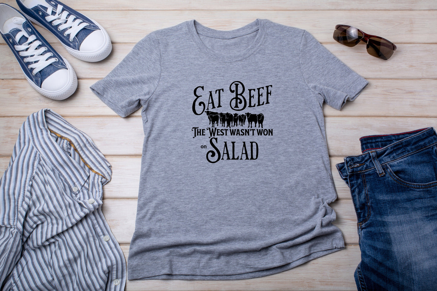 New Release, Eat Beef The West Wasn't Won on Salad T Shirt, Tshirt, Graphic T's  100% Cotton Black White or Gray, Tee,