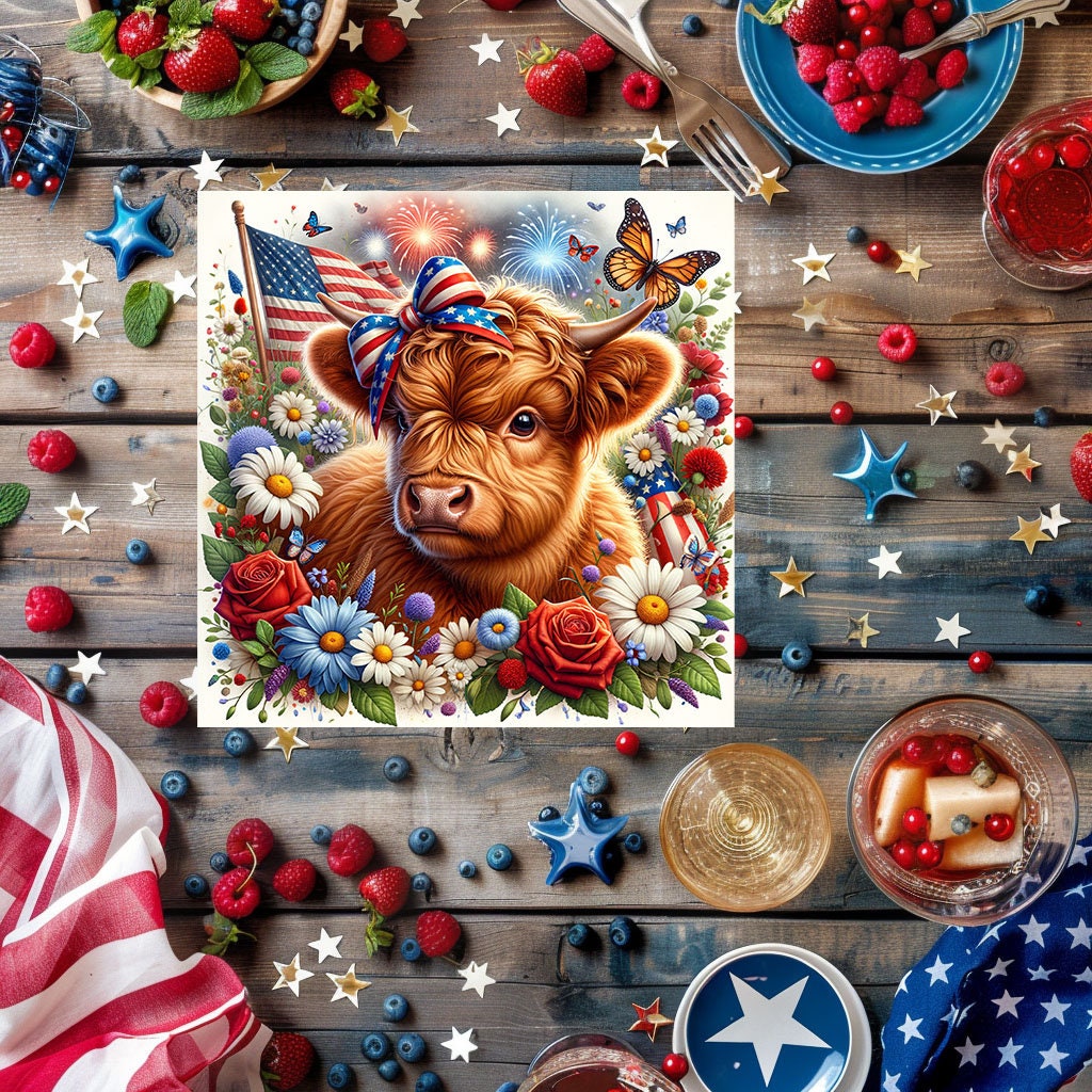 Highland Cow 4th of July Printed Handmade Wood  Mini Sign