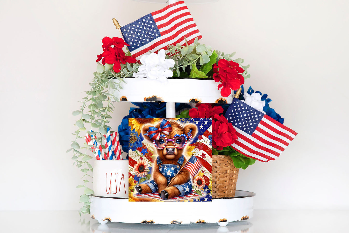 Patriotic Highland Cow in Overalls Hanging Wall Mini Sign Wood Home Decor, Door Hanger, Wreath Sign