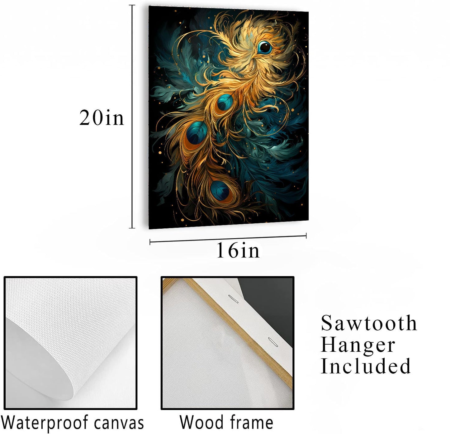 16x20 Golden Peacock Feather Wall Art Canvas Print