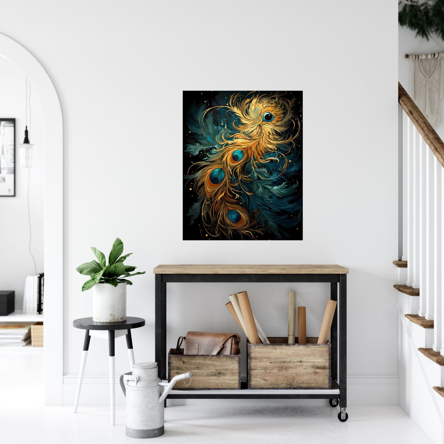 16x20 Golden Peacock Feather Wall Art Canvas Print