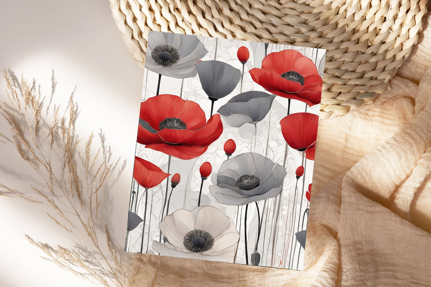 16x20 Red and Gray Poppies Wall Art Canvas Print