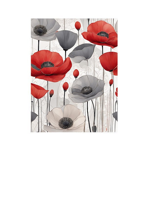 16x20 Red and Gray Poppies Wall Art Canvas Print