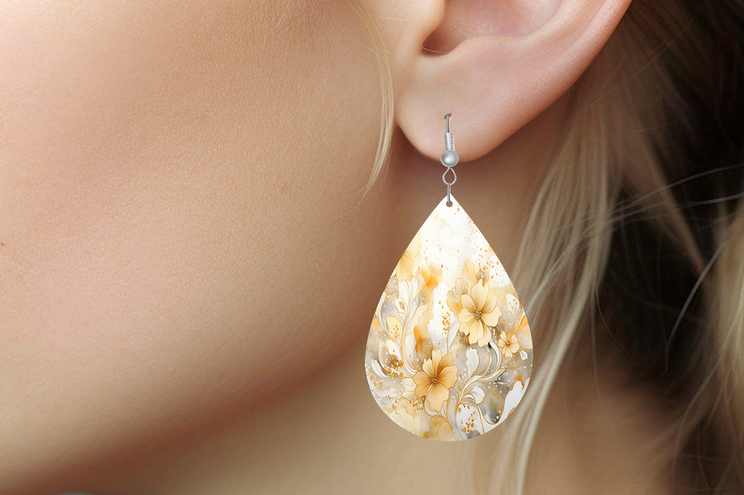 White and Gold Floral Print Earrings, Teardrop Dangle Printed Earrings Jewelry Handmade