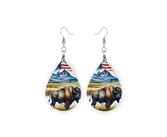 American Buffalo Print Earrings, Teardrop Dangle Printed Earrings Jewelry Handmade