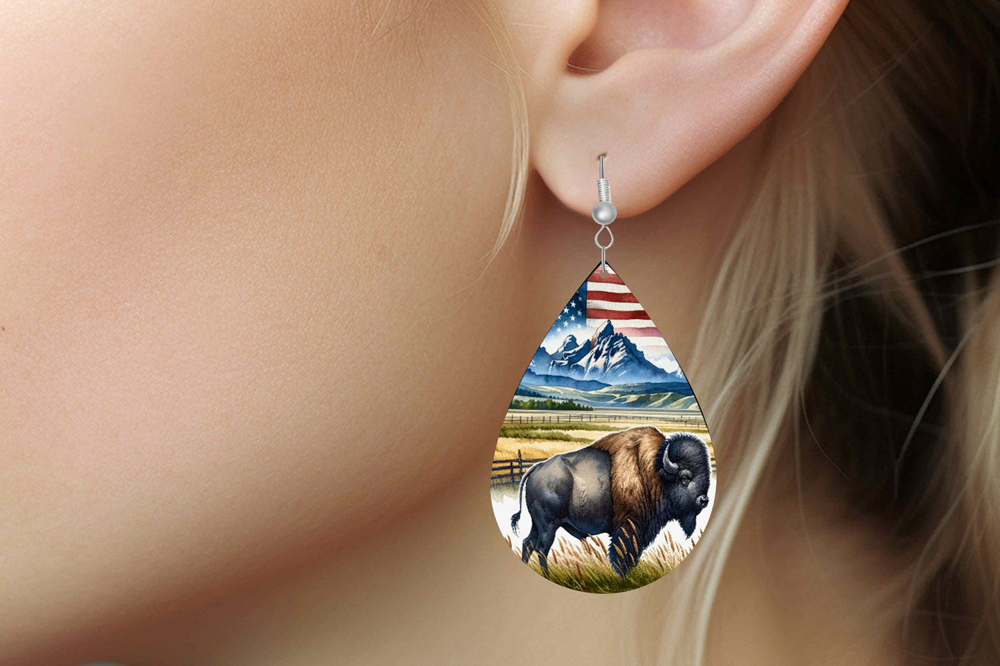 American Buffalo Print Earrings, Teardrop Dangle Printed Earrings Jewelry Handmade