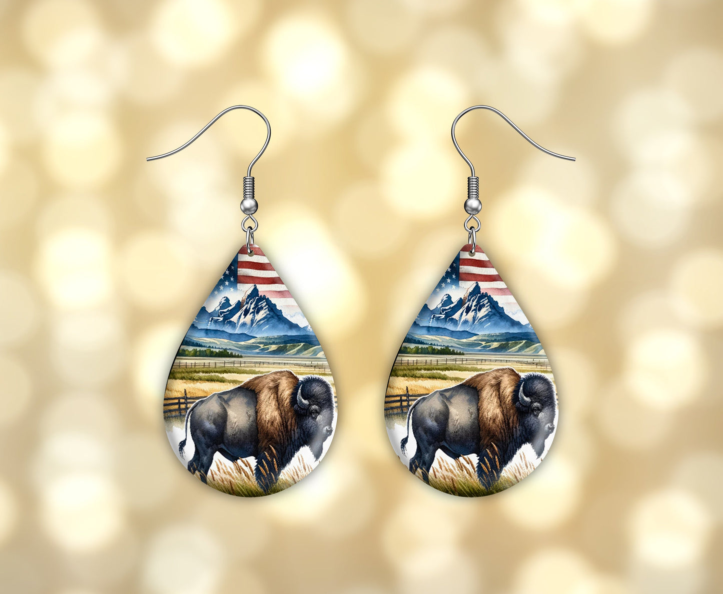 American Buffalo Print Earrings, Teardrop Dangle Printed Earrings Jewelry Handmade