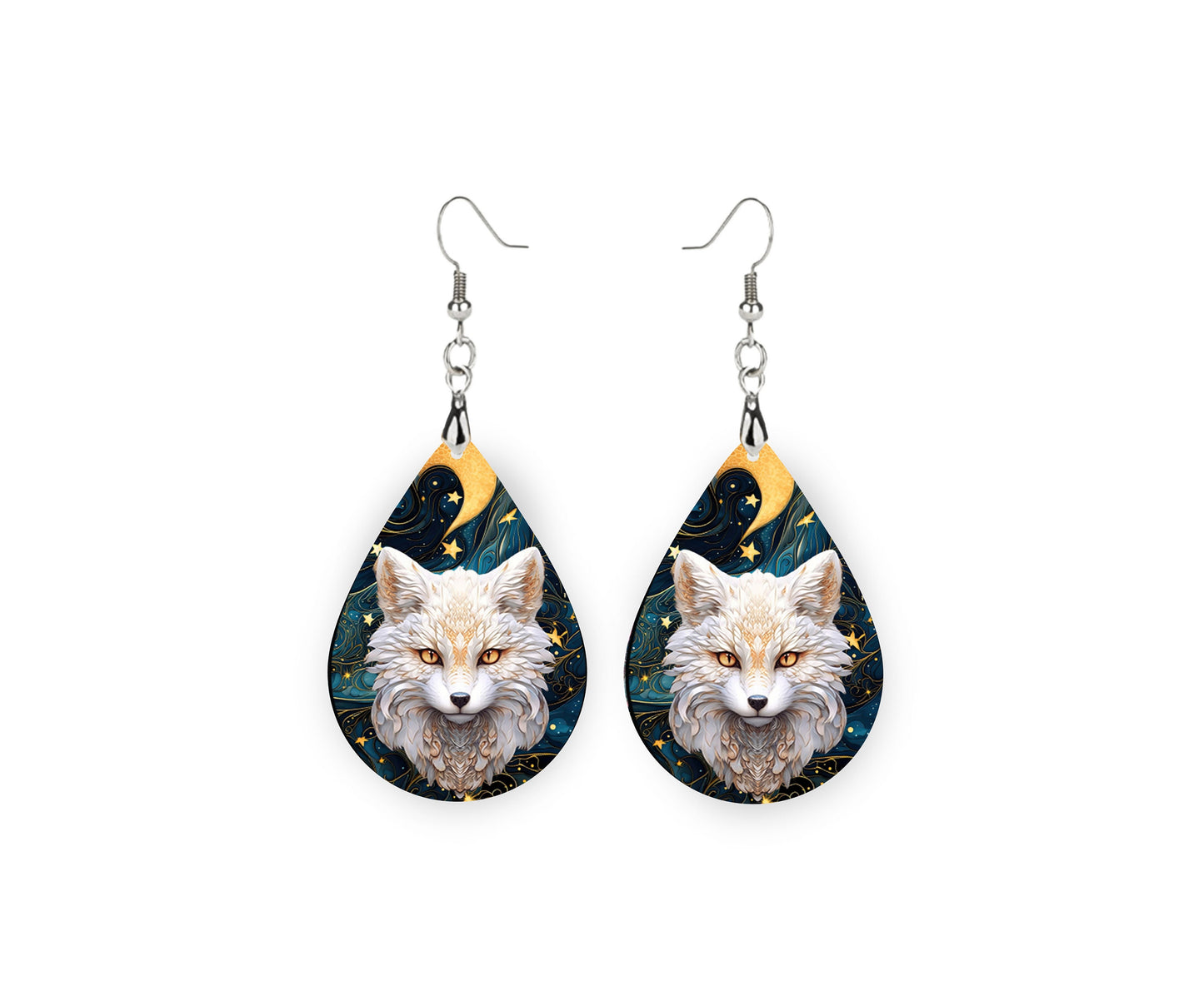 White Fox Print Earrings Print Tear Drop Wood Dangle Earrings Hypoallergenic Jewelry