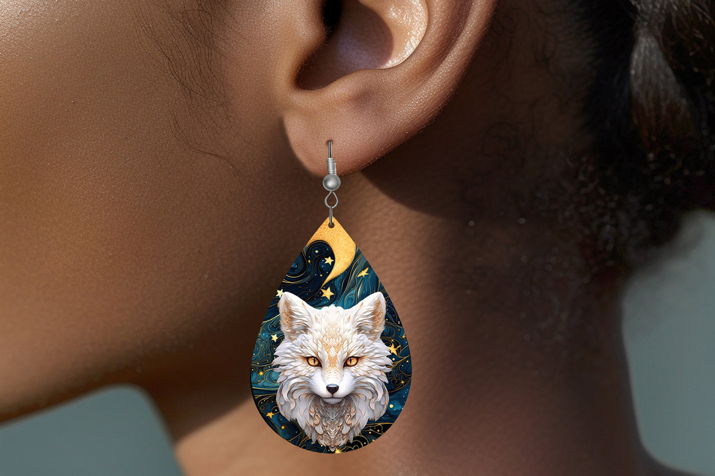 White Fox Print Earrings Print Tear Drop Wood Dangle Earrings Hypoallergenic Jewelry