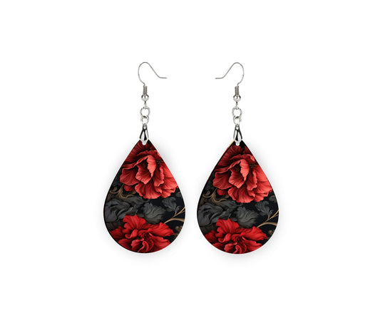 Ruby and Black Floral Print Earrings Print Tear Drop Wood Dangle Earrings Hypoallergenic Jewelry