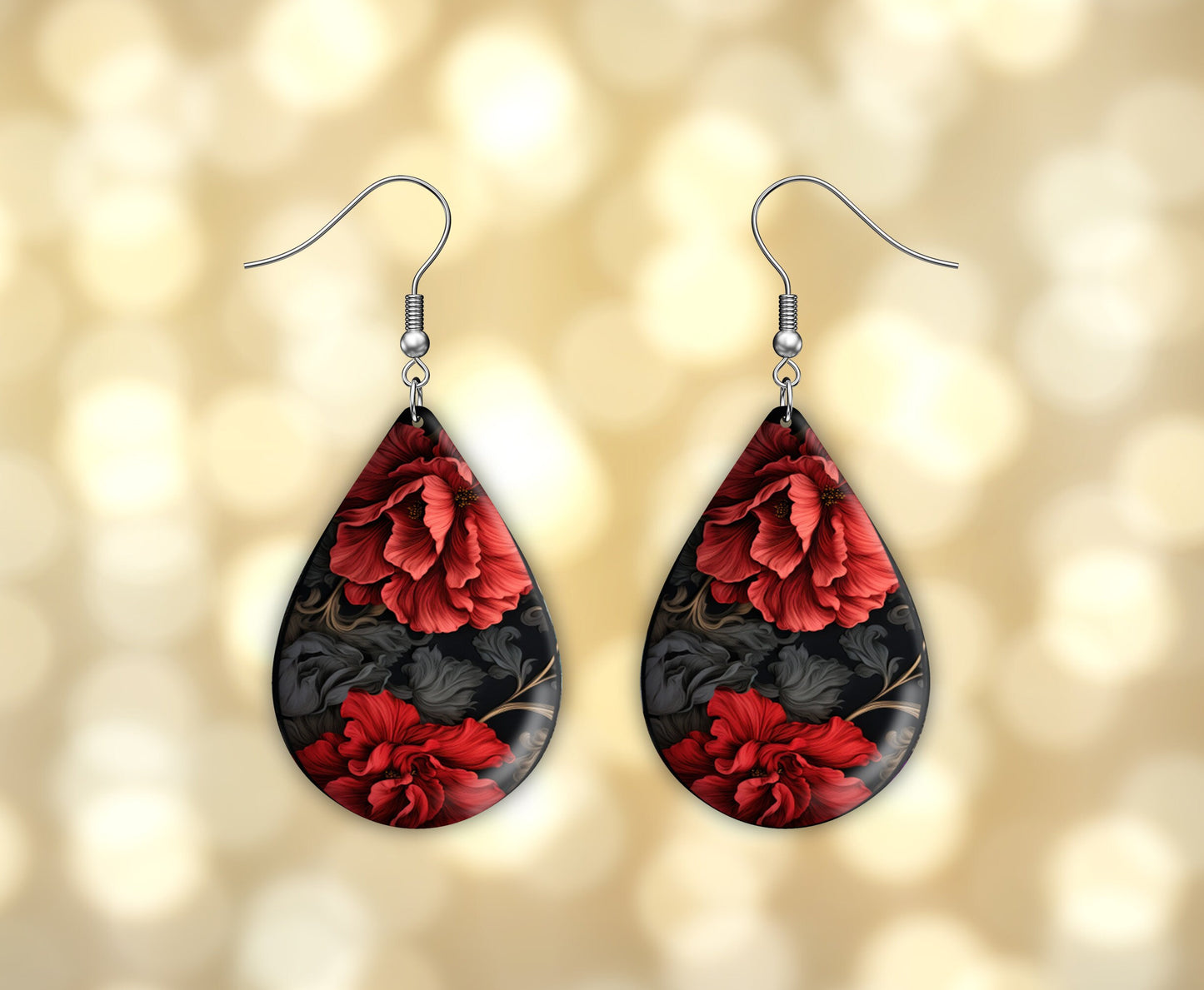 Ruby and Black Floral Print Earrings Print Tear Drop Wood Dangle Earrings Hypoallergenic Jewelry