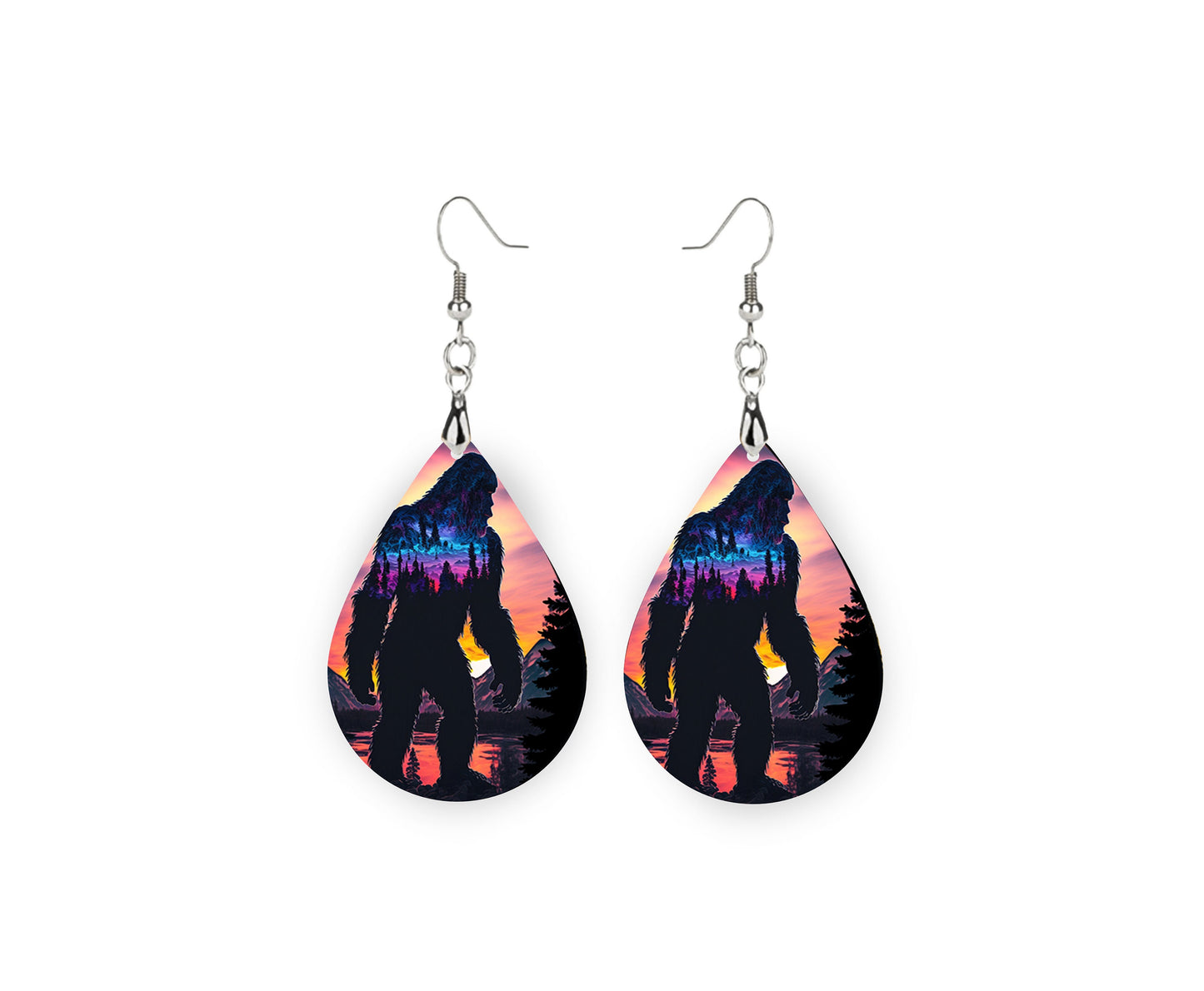 Bigfoot Double Exposure Print Earrings Print Tear Drop Wood Dangle Earrings Hypoallergenic Jewelry