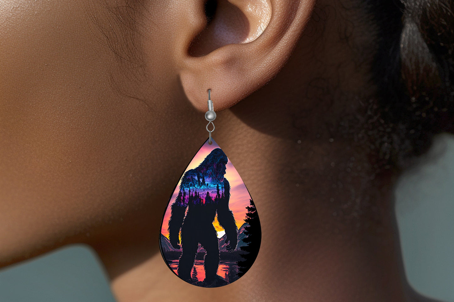 Bigfoot Double Exposure Print Earrings Print Tear Drop Wood Dangle Earrings Hypoallergenic Jewelry