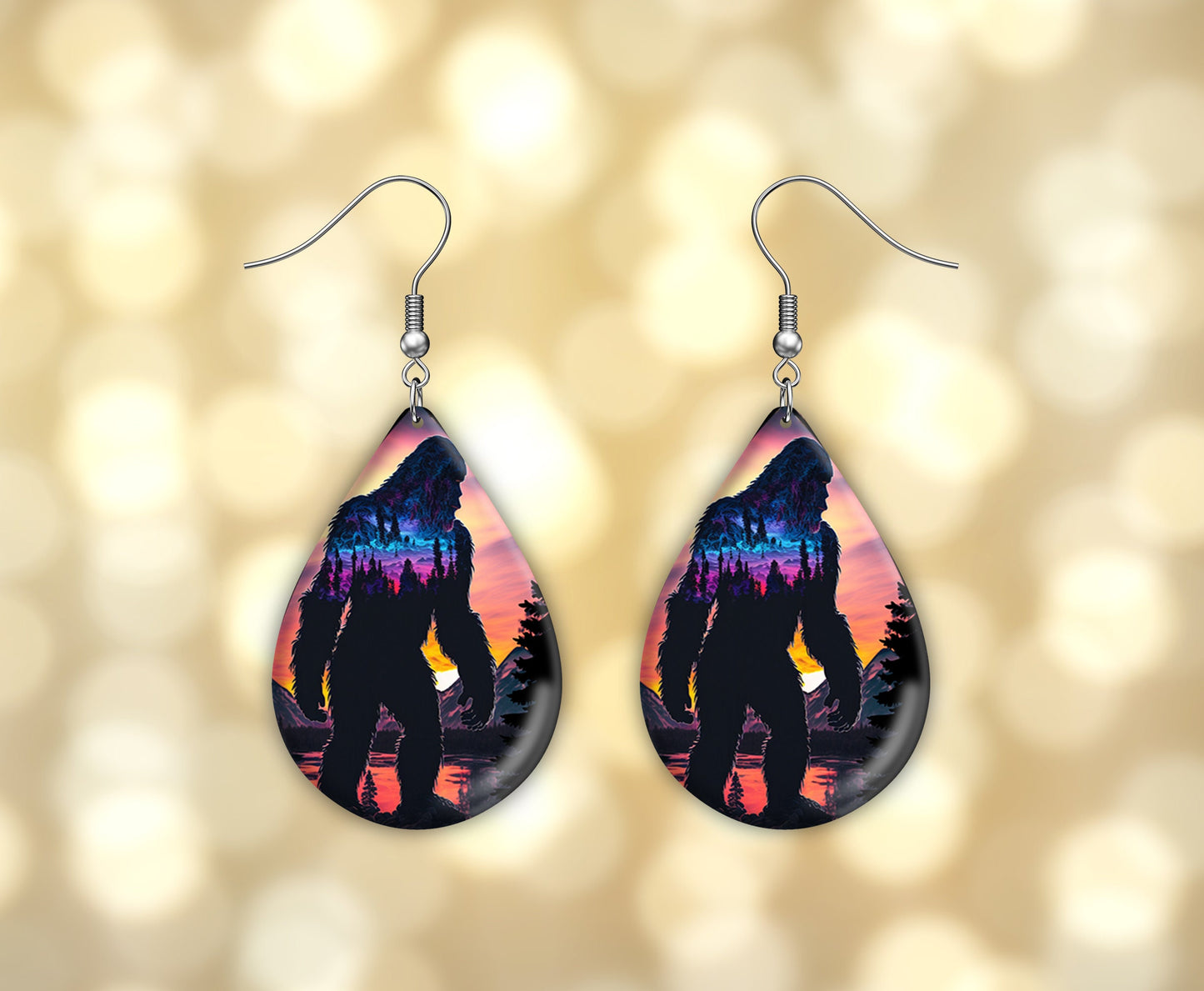 Bigfoot Double Exposure Print Earrings Print Tear Drop Wood Dangle Earrings Hypoallergenic Jewelry