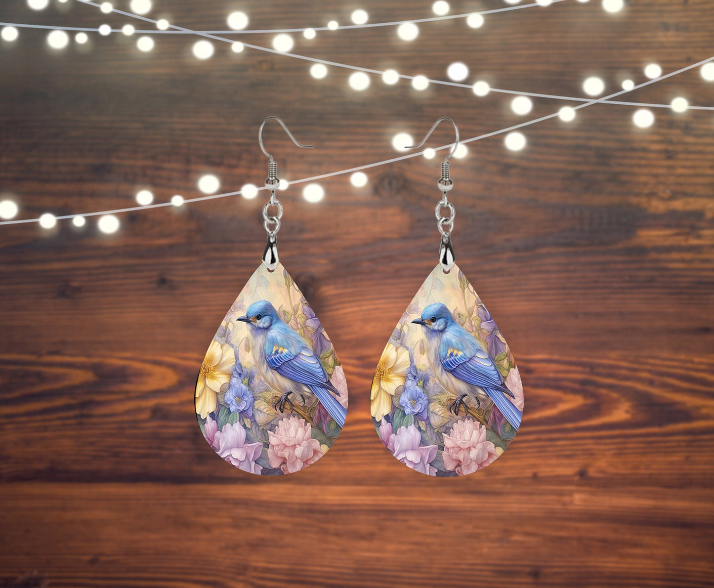 New Release Blue Bird Print Earrings Print Tear Drop Wood Dangle Earrings Hypoallergenic Jewelry