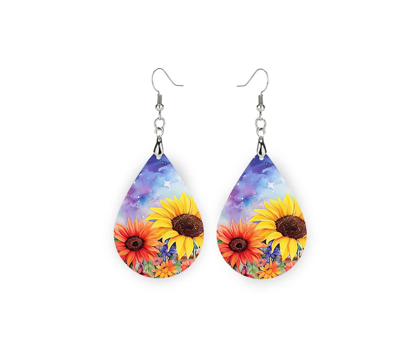 New Release Yellow and Orange Sunflowers Print Earrings Print Tear Drop Wood Dangle Earrings Hypoallergenic Jewelry