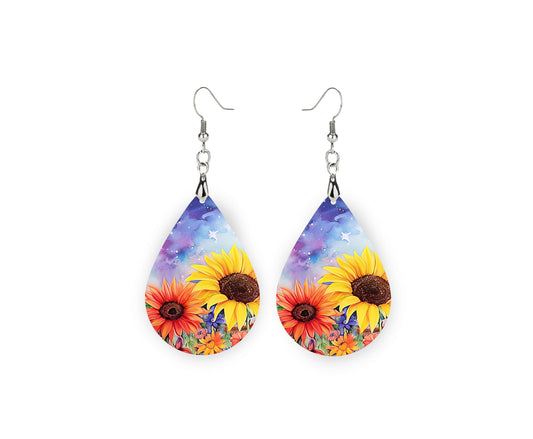 New Release Yellow and Orange Sunflowers Print Earrings Print Tear Drop Wood Dangle Earrings Hypoallergenic Jewelry