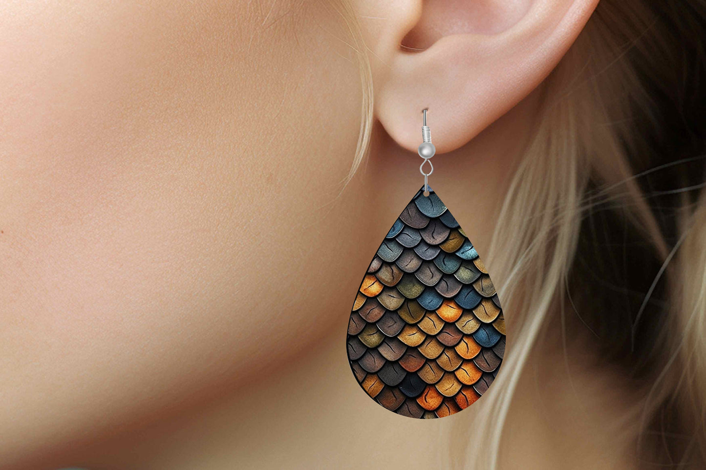 New Release Blue and Brown Dragon Scales Print Earrings Print Tear Drop Wood Dangle Earrings Hypoallergenic Jewelry