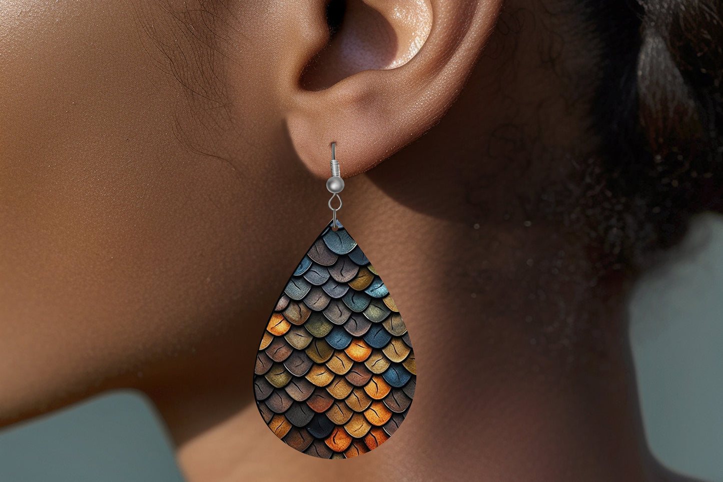 New Release Blue and Brown Dragon Scales Print Earrings Print Tear Drop Wood Dangle Earrings Hypoallergenic Jewelry