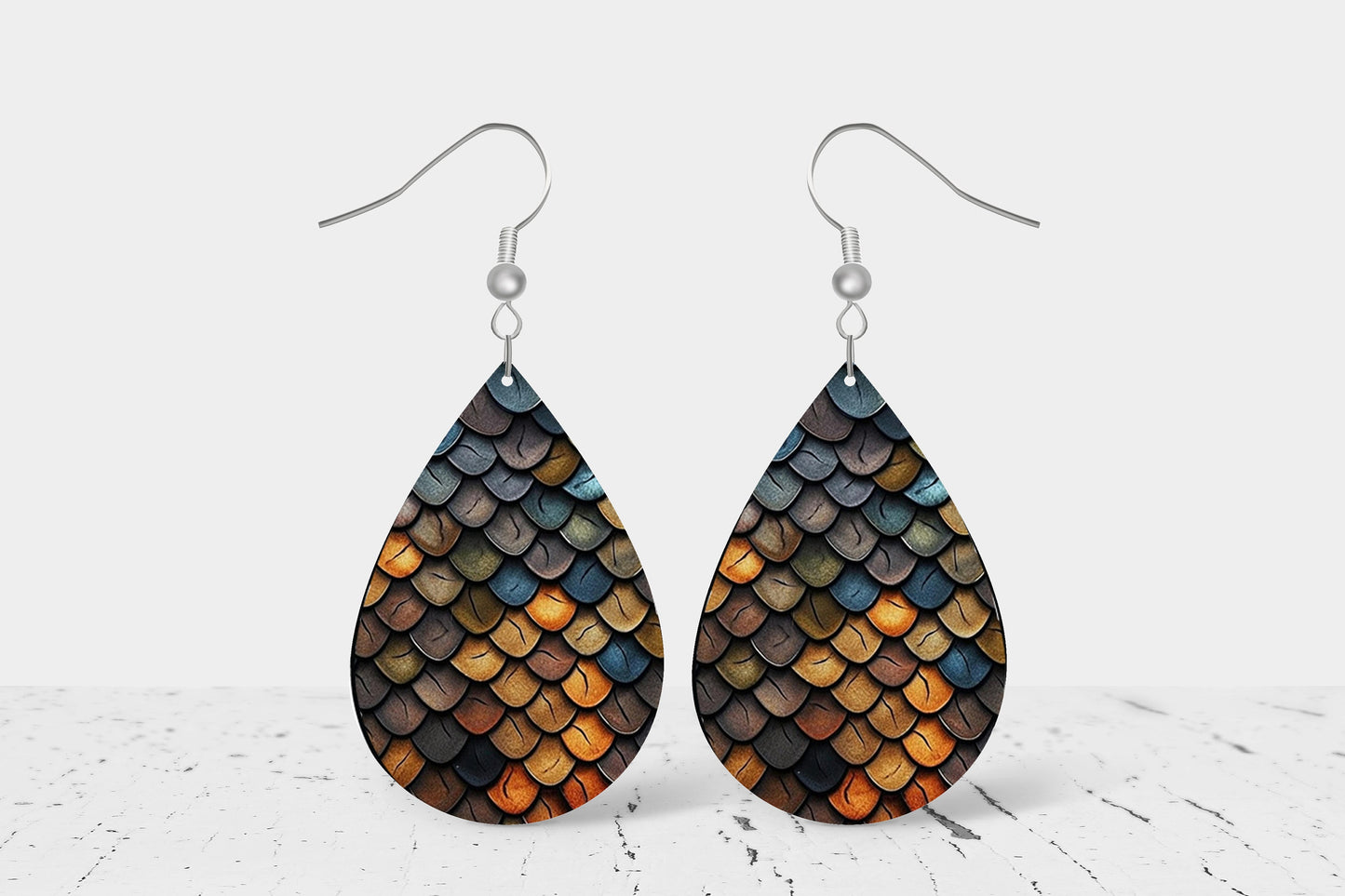 New Release Blue and Brown Dragon Scales Print Earrings Print Tear Drop Wood Dangle Earrings Hypoallergenic Jewelry