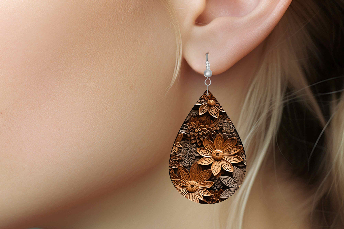 New Release Woodcut Floral Print Earrings Print Tear Drop Wood Dangle Earrings Hypoallergenic Jewelry