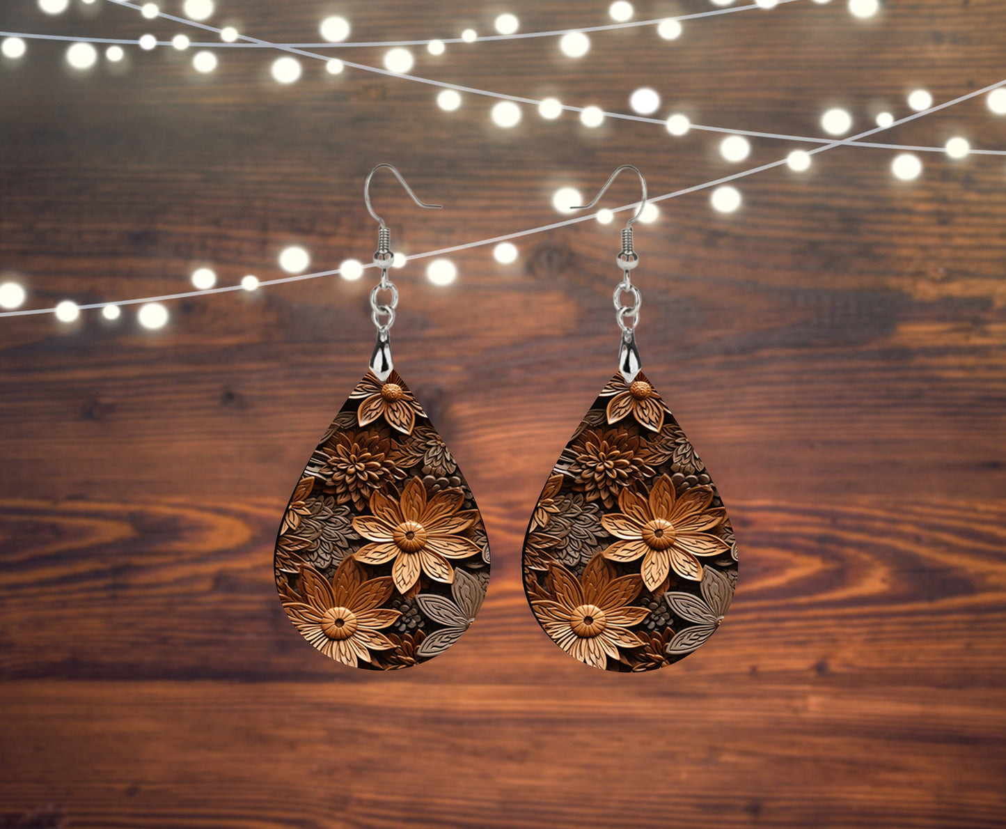 New Release Woodcut Floral Print Earrings Print Tear Drop Wood Dangle Earrings Hypoallergenic Jewelry