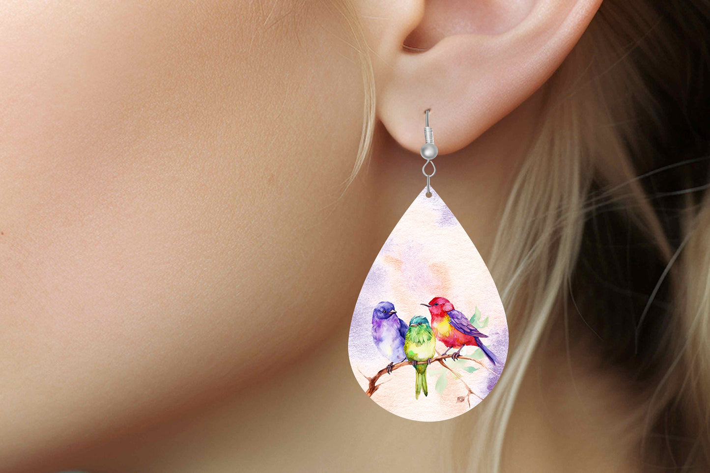 New Release Colorful Birds Print Earrings Print Tear Drop Wood Dangle Earrings Hypoallergenic Jewelry