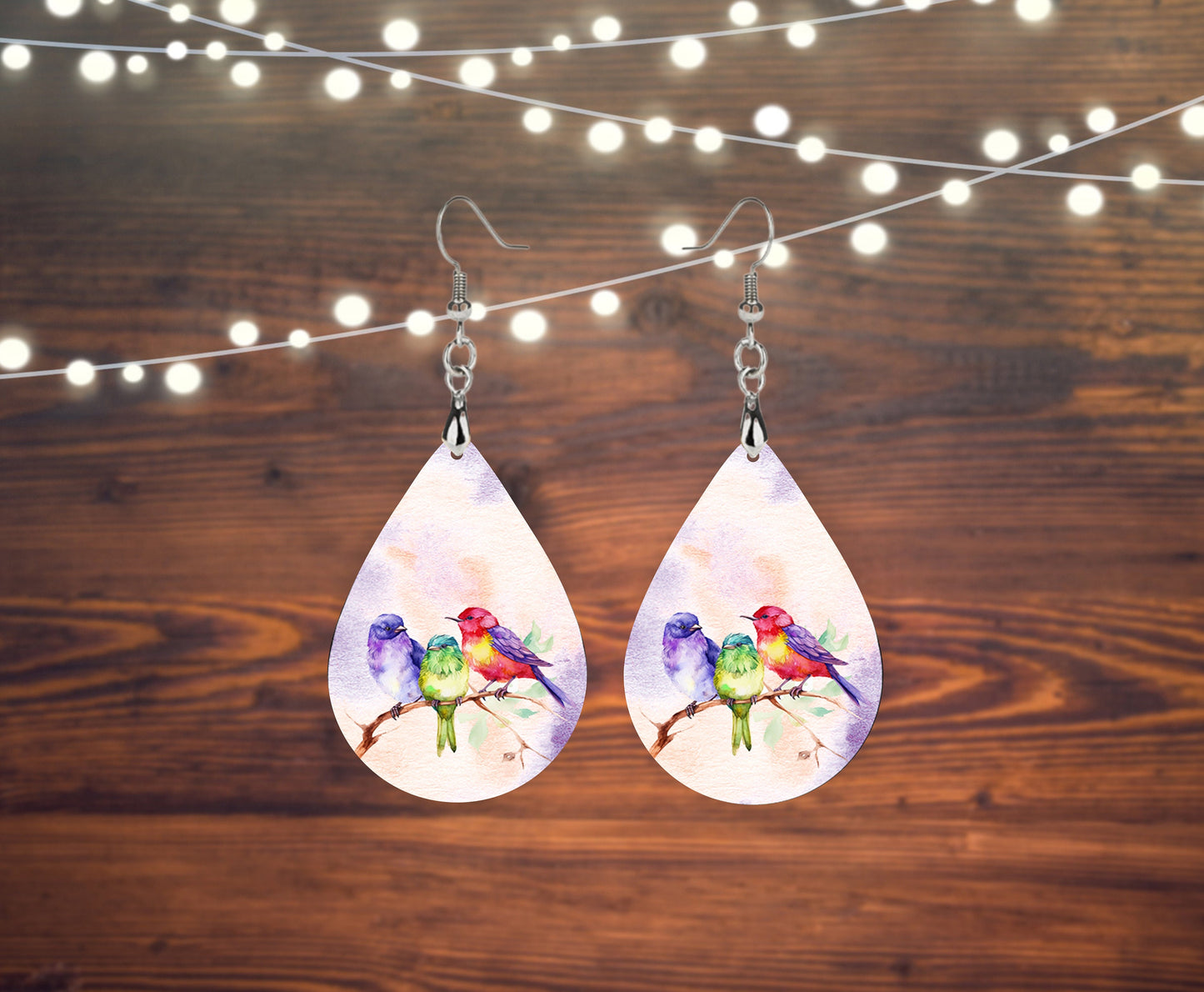 New Release Colorful Birds Print Earrings Print Tear Drop Wood Dangle Earrings Hypoallergenic Jewelry