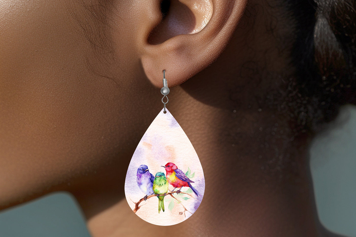 New Release Colorful Birds Print Earrings Print Tear Drop Wood Dangle Earrings Hypoallergenic Jewelry